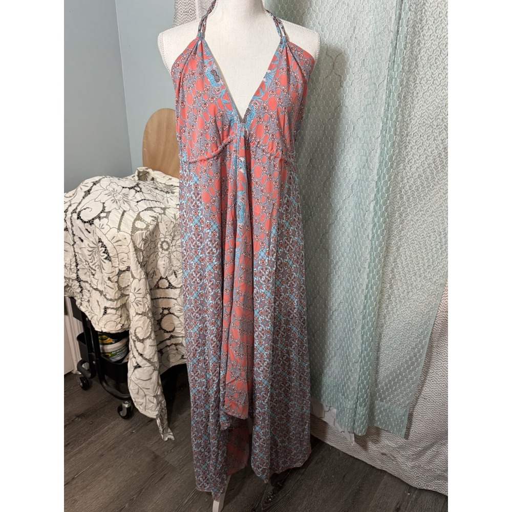 Fashion Fuse Blue Pink Tie Open Back Halter BOHO Made in India Large